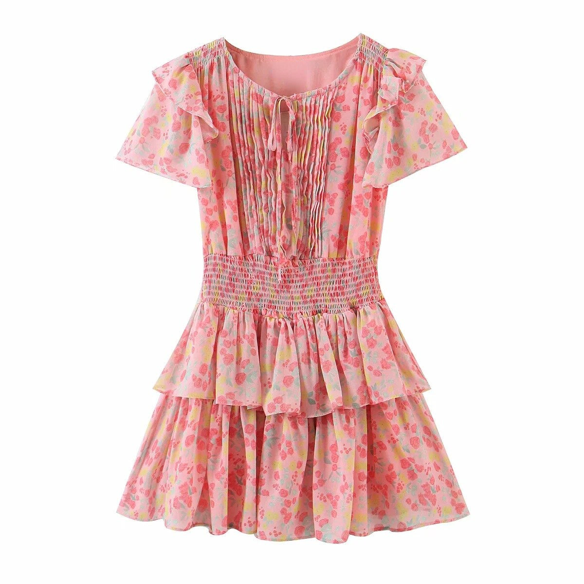 Pink/White Floral Print Ruffled Trims Dress