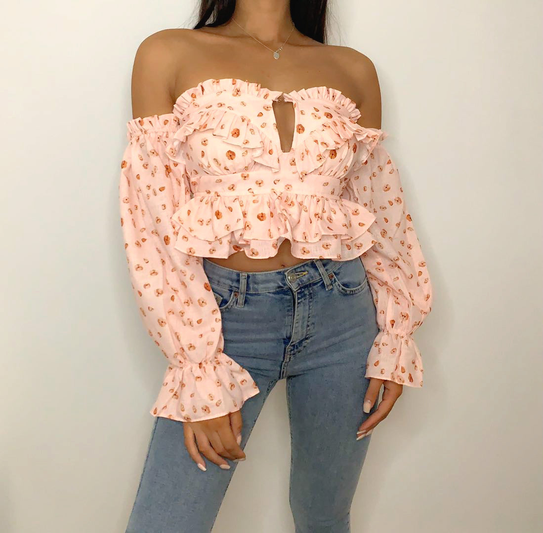 Print Slash Neck Women Bodice Sexy Off The Shoulder Long Sleeve Blouse Top