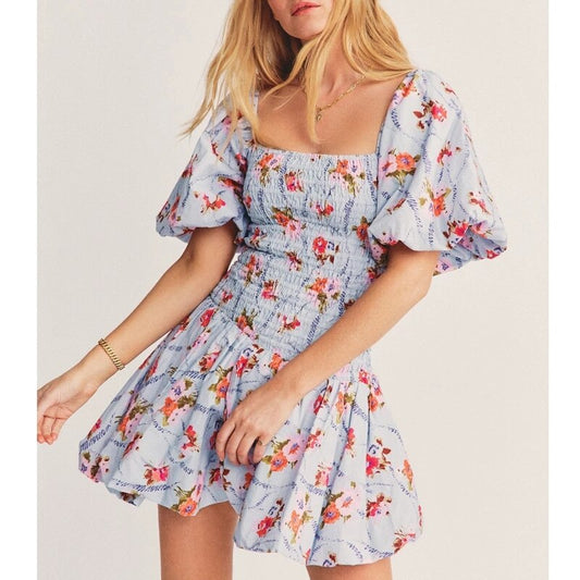 Print Bodice Blue Floral Asymmetrical Puff Sleeve Mini Dress