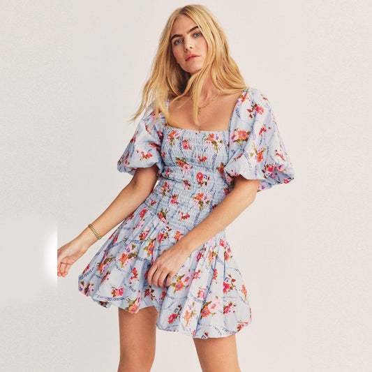 Print Bodice Blue Floral Asymmetrical Puff Sleeve Mini Dress