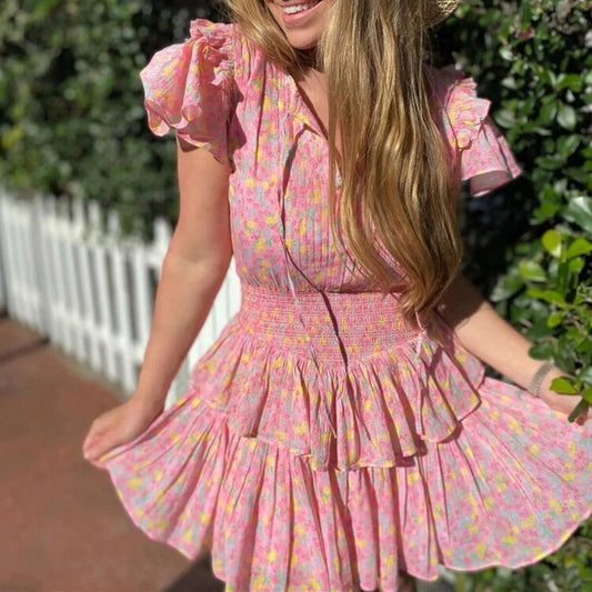 Pink/White Floral Print Ruffled Trims Dress