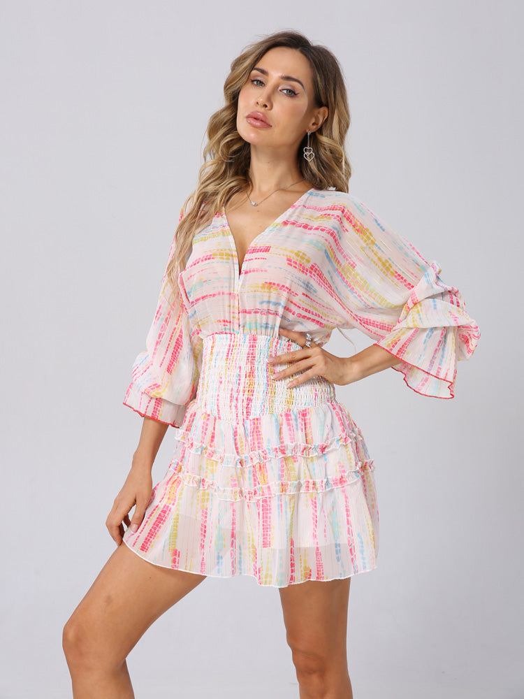 Long Sleeve Sexy V-neck Ruffled A-line Playsuit with Headband