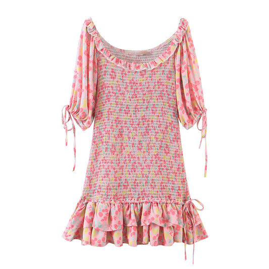 Short Sleeve Floral Print Pink A-line Women Mini Dress