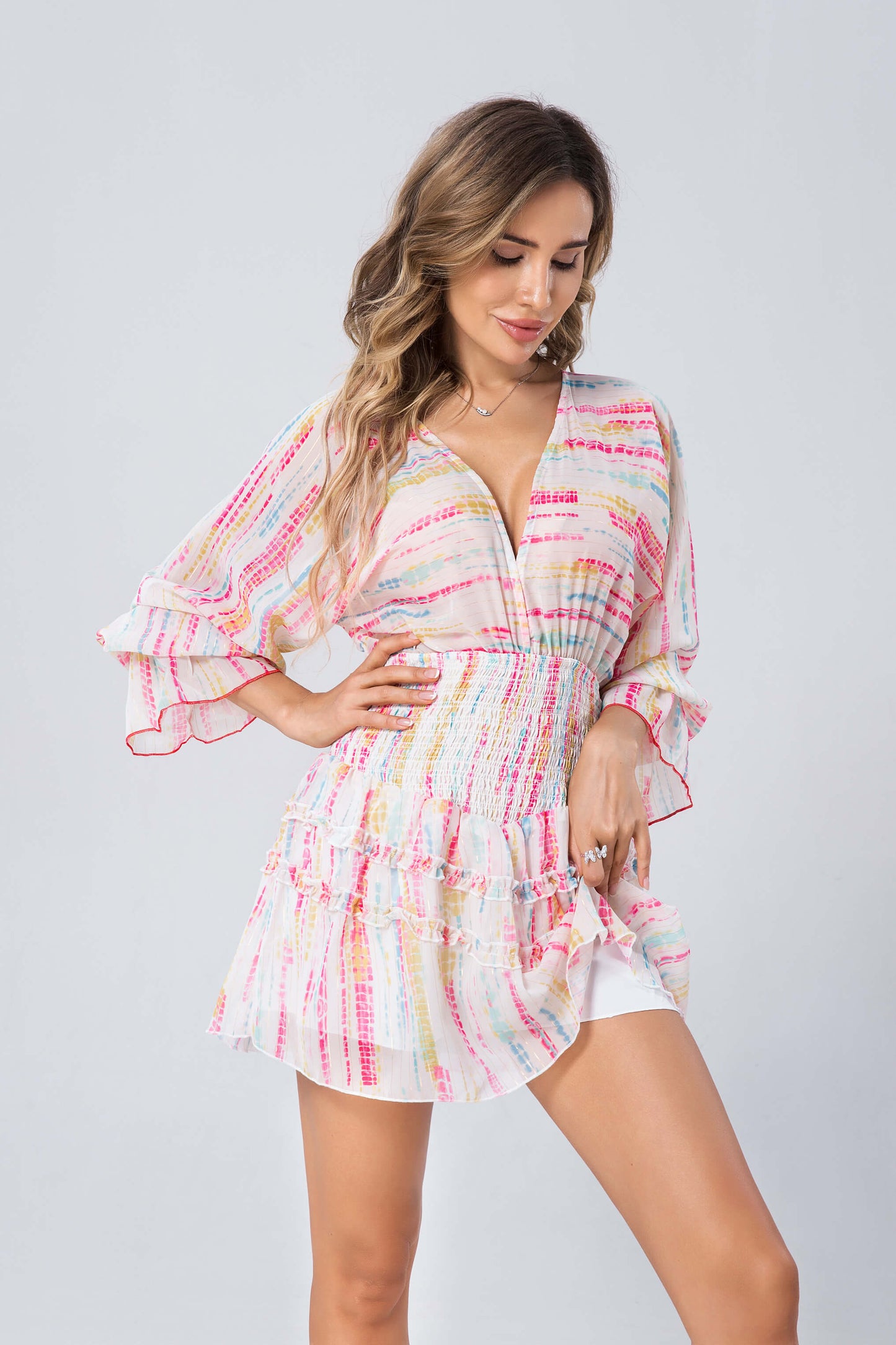 Long Sleeve Sexy V-neck Ruffled A-line Playsuit with Headband