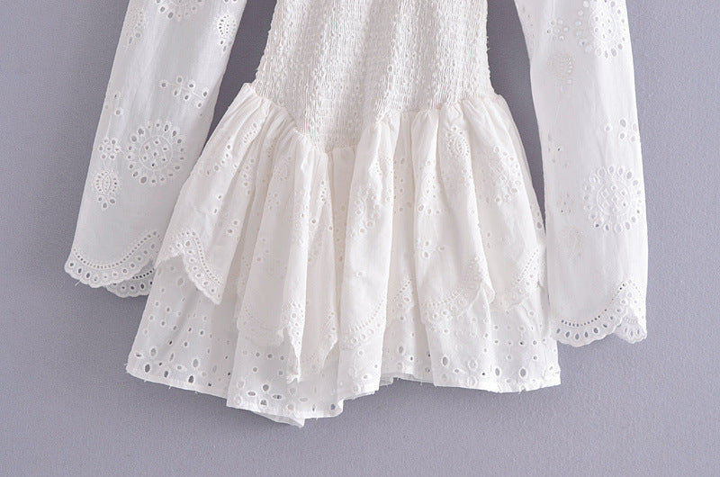 Sexy Long Sleeve Elegant Embroidery Cotton Smocked Bodice Woman Mini Dress