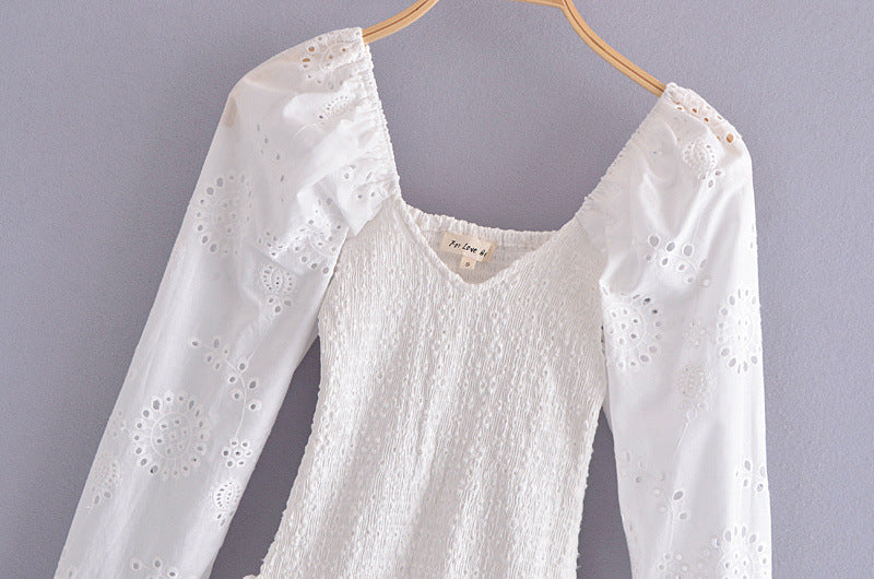 Sexy Long Sleeve Elegant Embroidery Cotton Smocked Bodice Woman Mini Dress