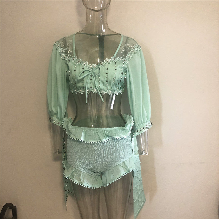 Women Green Sets 1/2 Sleeve V-neck Top and Shorts