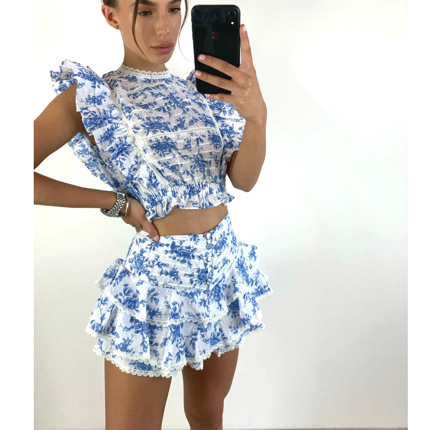 Print Ruffled Women Set-Elastic Waistband Cropped Top With Ruffle Mini Shorts