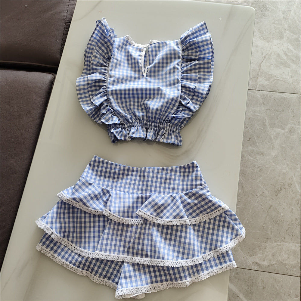 Cotton Plaid Ruffled Top and Short Women Sets