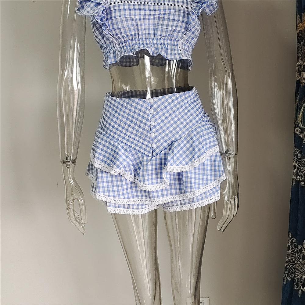 Cotton Plaid Ruffled Top and Short Women Sets