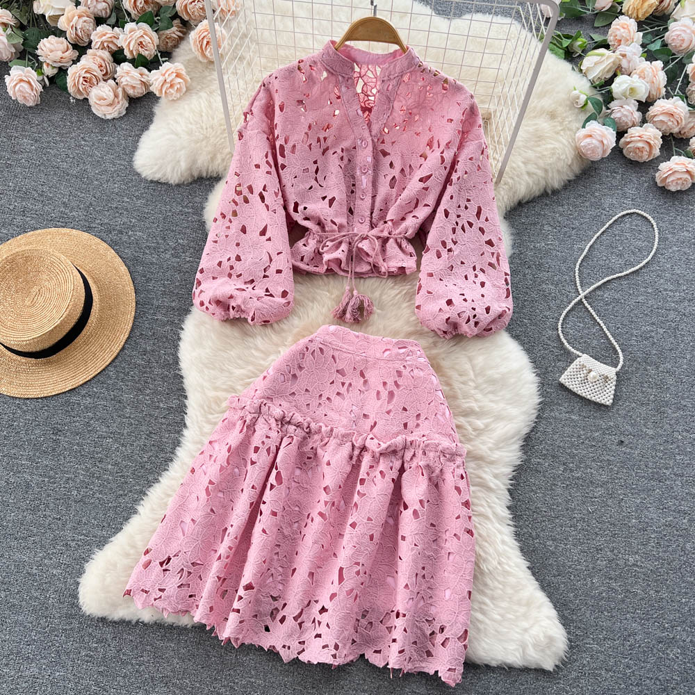 Lantern Sleeve Hollow Out Blouse and Skirts Women Sets