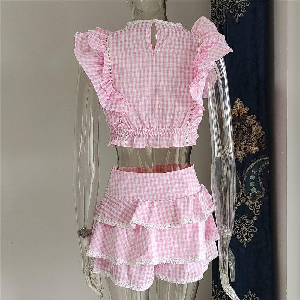 Cotton Plaid Ruffled Top and Short Women Sets