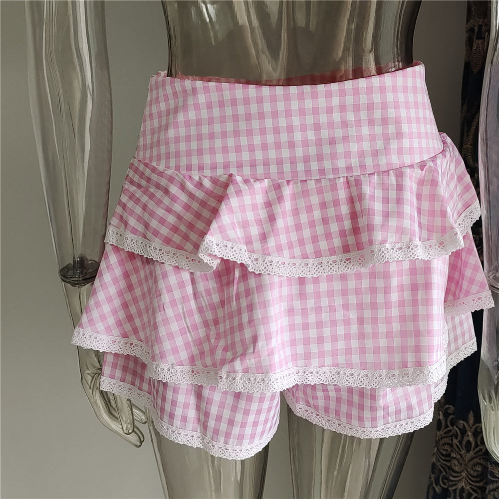 Cotton Plaid Ruffled Top and Short Women Sets