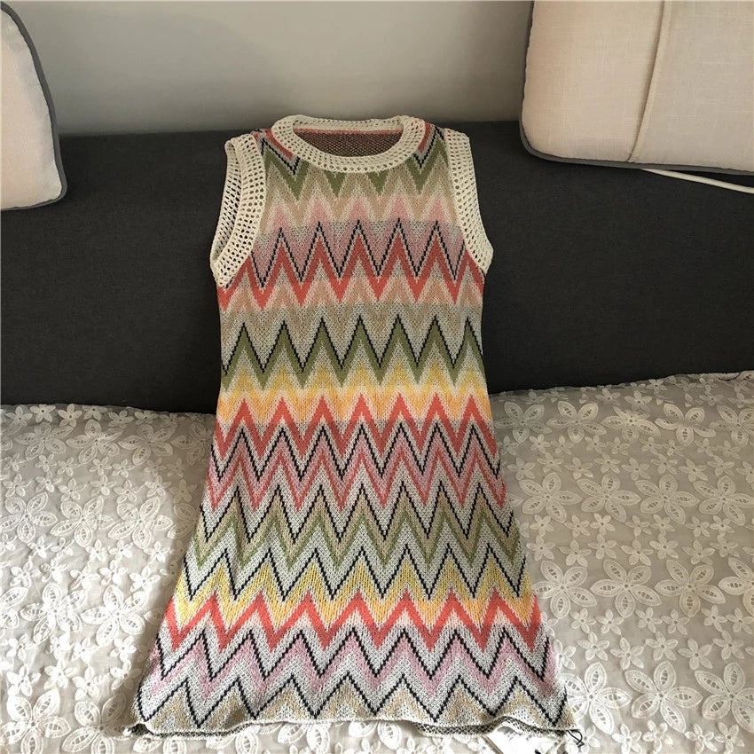 Loose Knitting Zig Zag Knit Sleeveless Dress