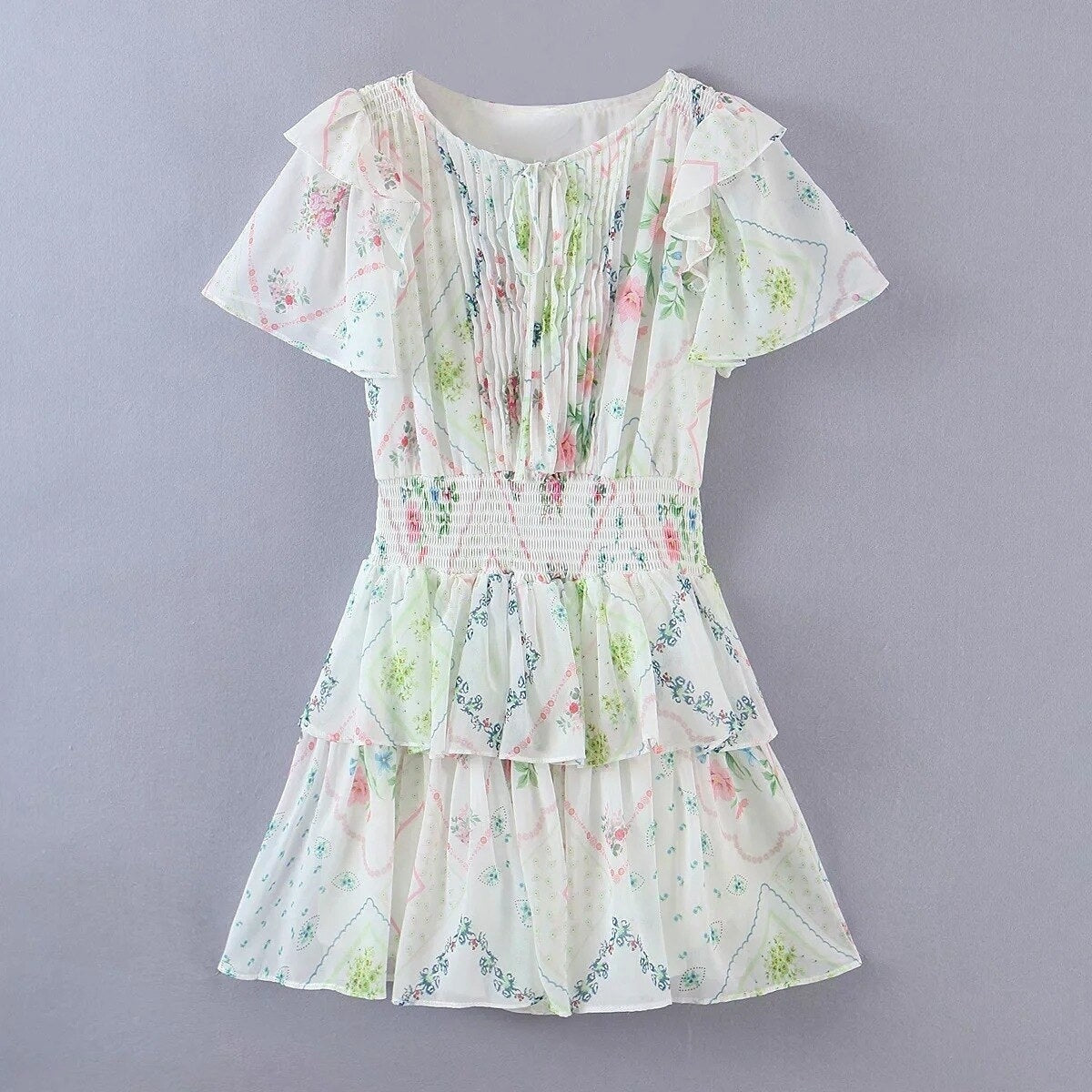 Pink/White Floral Print Ruffled Trims Dress